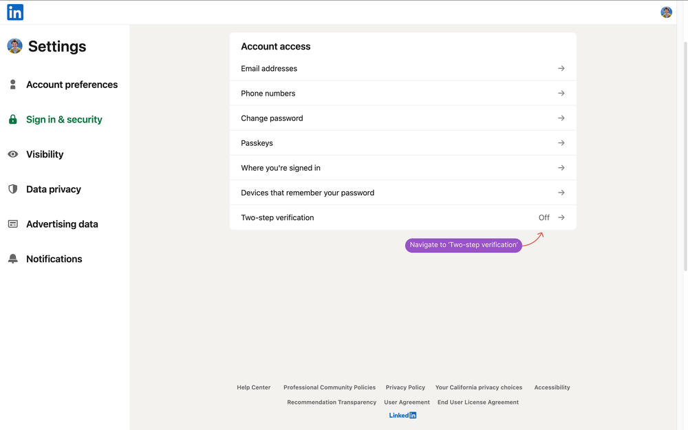LinkedIn 2FA setup screen