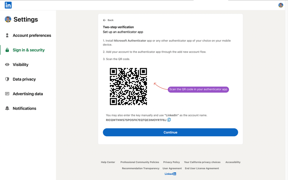 LinkedIn 2FA QR code and secret key