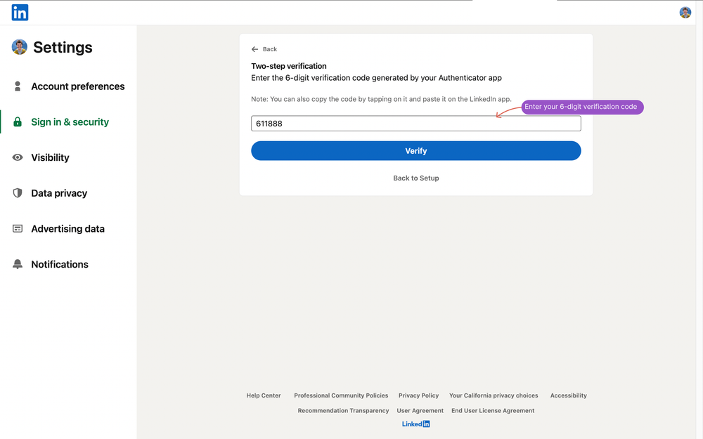 LinkedIn 2FA activation