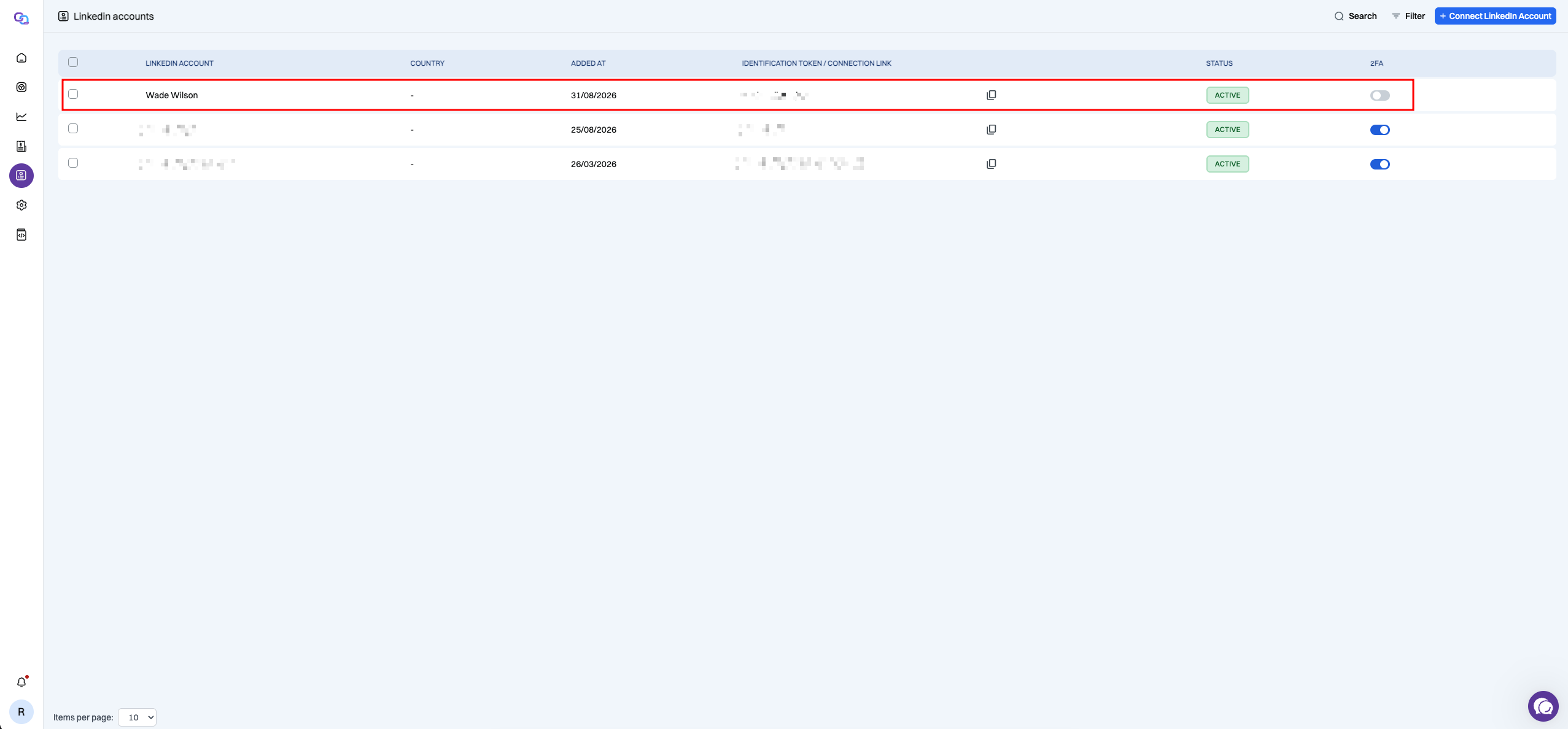 Connected LinkedIn account in account list